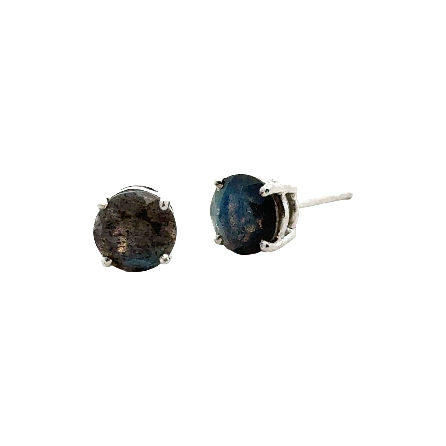 Handmade Round Labradorite Earrings in 925 Sterling Silver - Prong Set Style