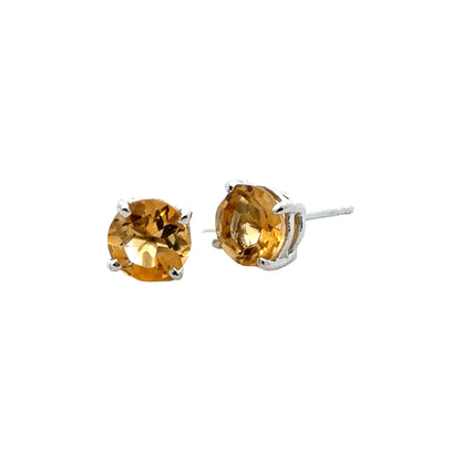 Handmade Round Citrine Earrings in 925 Sterling Silver - Prong Set Style