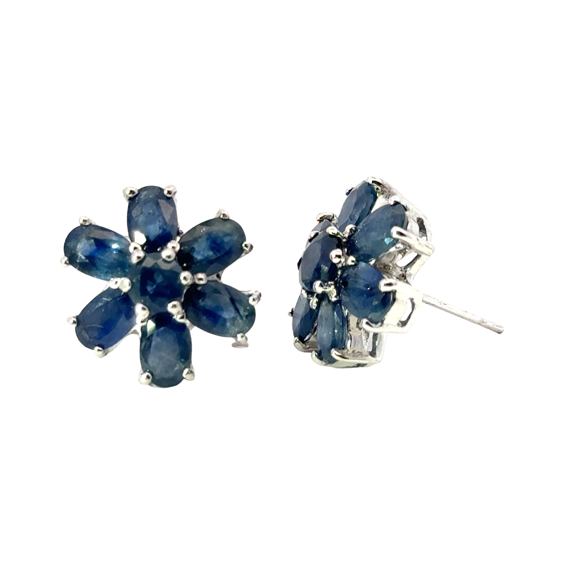 Handmade Flower Shaped Sapphire Earrings in 925 Sterling Silver - Prong Set Style