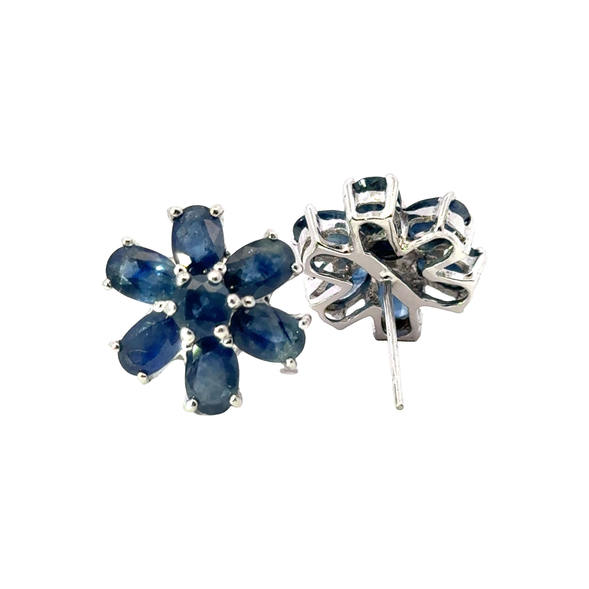 Handmade Flower Shaped Sapphire Earrings in 925 Sterling Silver - Prong Set Style