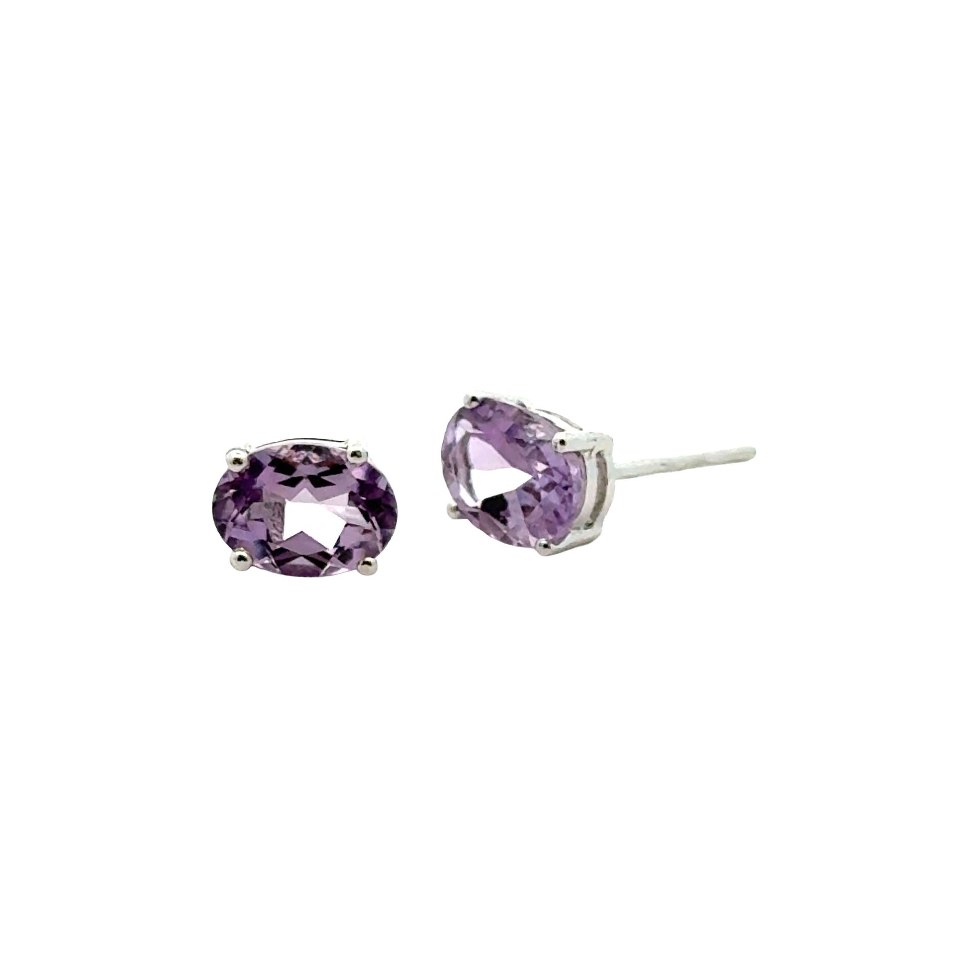 Handmade Oval Amethyst Earrings in 925 Sterling Silver - Prong Set Style