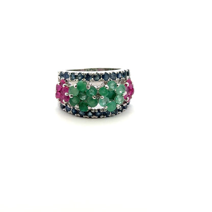 Ruby, Emerald & Sapphire Jewelry Set – Handmade Natural Ruby, Emerald & Sapphire Earrings, Pendant & Ring in 925 Sterling Silver, Rhodium Plated (Each Piece Also Sold Separately)