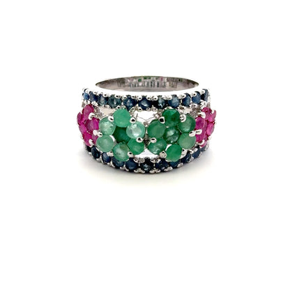 Ruby, Emerald & Sapphire Jewelry Set – Handmade Natural Ruby, Emerald & Sapphire Earrings, Pendant & Ring in 925 Sterling Silver, Rhodium Plated (Each Piece Also Sold Separately)