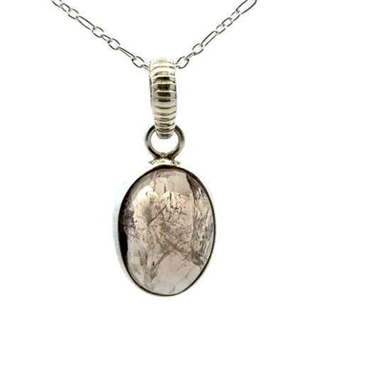 Sacred Seven Oval Pendant Necklace – Checkerboard Faceted Natural Inclusion Crystal in 925 Sterling Silver