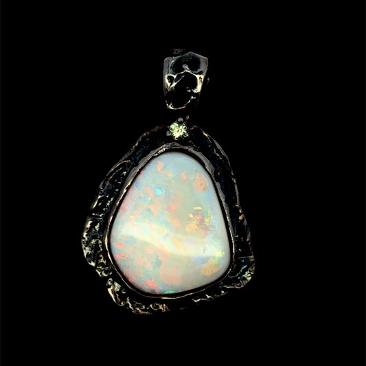 Solid Australian Opal with Sapphire Pendant - Black Rhodium Plated 925 Sterling Silver - AAA Quality
