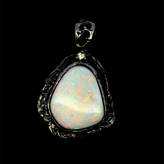 Solid Australian Opal with Sapphire Pendant - Black Rhodium Plated 925 Sterling Silver - AAA Quality