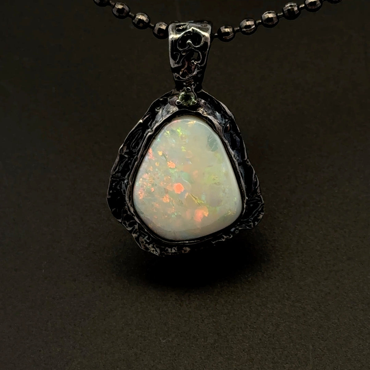 Solid Australian Opal & Sapphire Pendant – Black Rhodium-Plated 925 Sterling Silver, AAA Quality