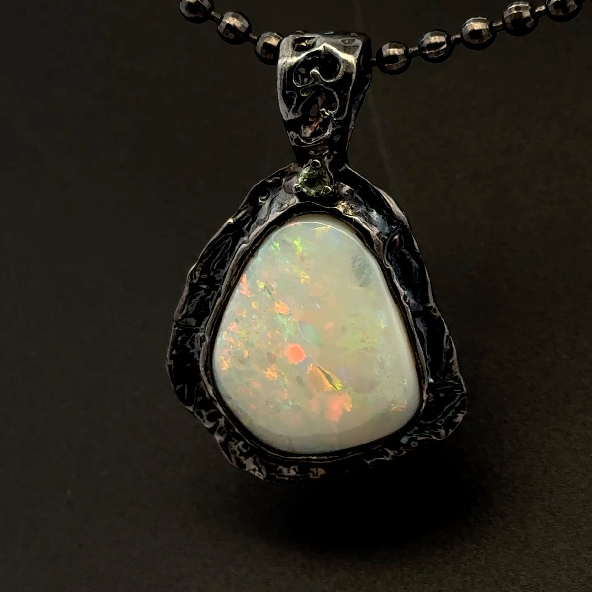 Solid Australian Opal & Sapphire Pendant – Black Rhodium-Plated 925 Sterling Silver, AAA Quality