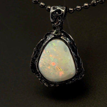 Solid Australian Opal & Sapphire Pendant – Black Rhodium-Plated 925 Sterling Silver, AAA Quality