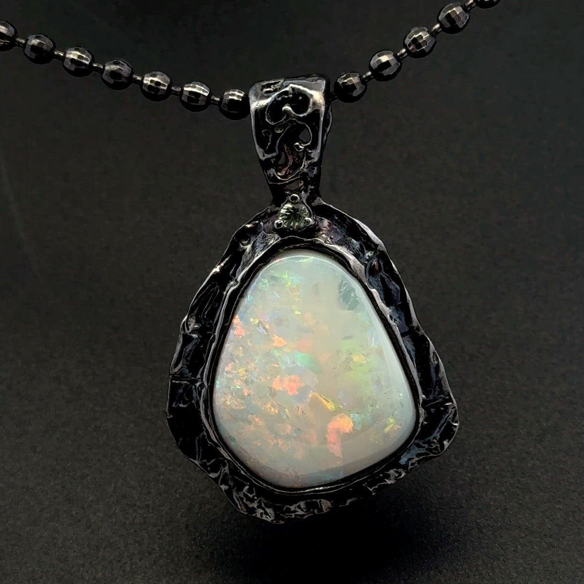 Solid Australian Opal & Sapphire Pendant – Black Rhodium-Plated 925 Sterling Silver, AAA Quality