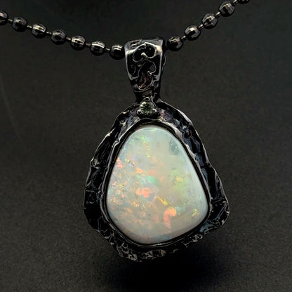 Solid Australian Opal & Sapphire Pendant – Black Rhodium-Plated 925 Sterling Silver, AAA Quality