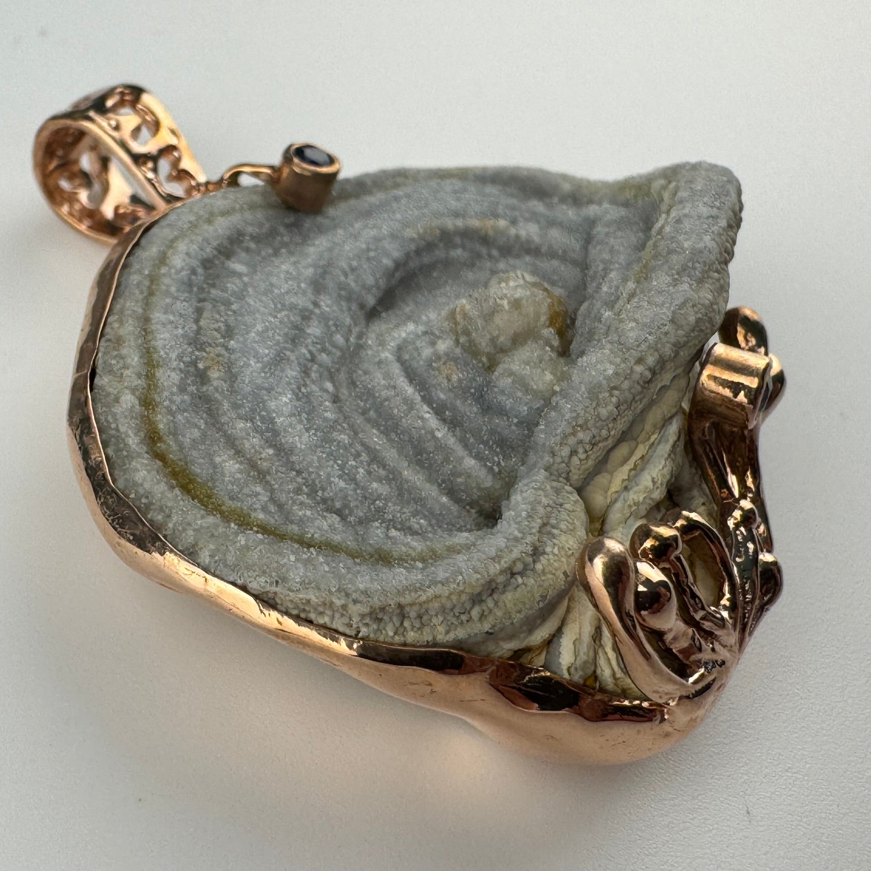 Druzy Chalcedony Quartz Coral Reef Pendant with Blue Sapphire(Rose Gold Plating) image 3