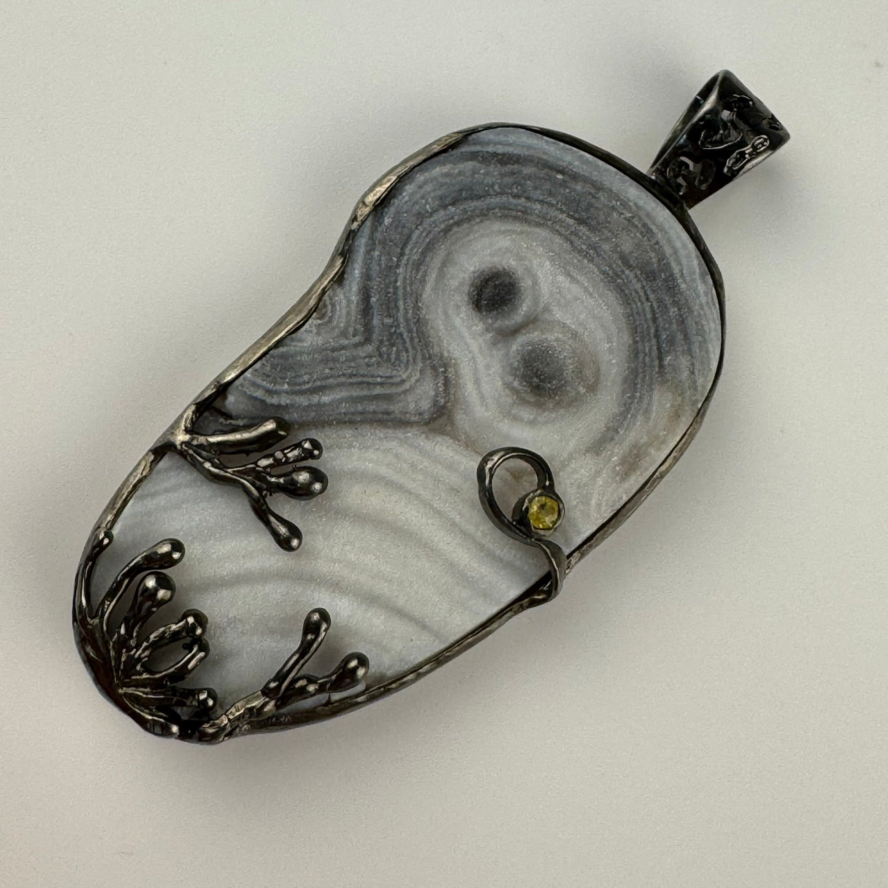 Druzy Chalcedony Quartz Coral Reef Black Rhodium Pendant with Yellow Sapphire image 0