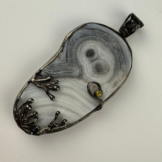 Druzy Chalcedony Quartz Coral Reef Black Rhodium Pendant with Yellow Sapphire image 0