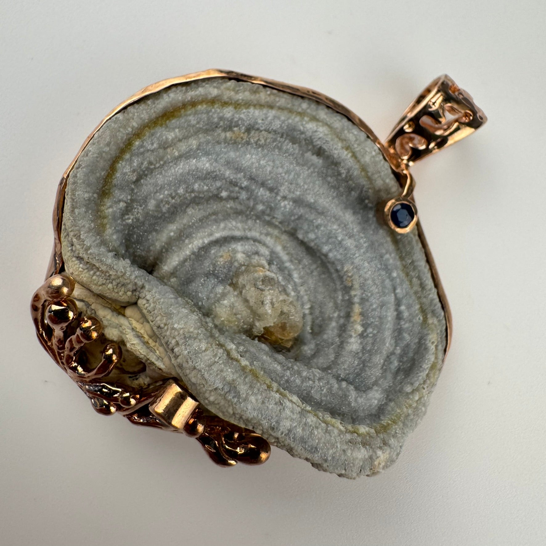 Druzy Chalcedony Quartz Coral Reef Pendant with Blue Sapphire(Rose Gold Plating) image 0