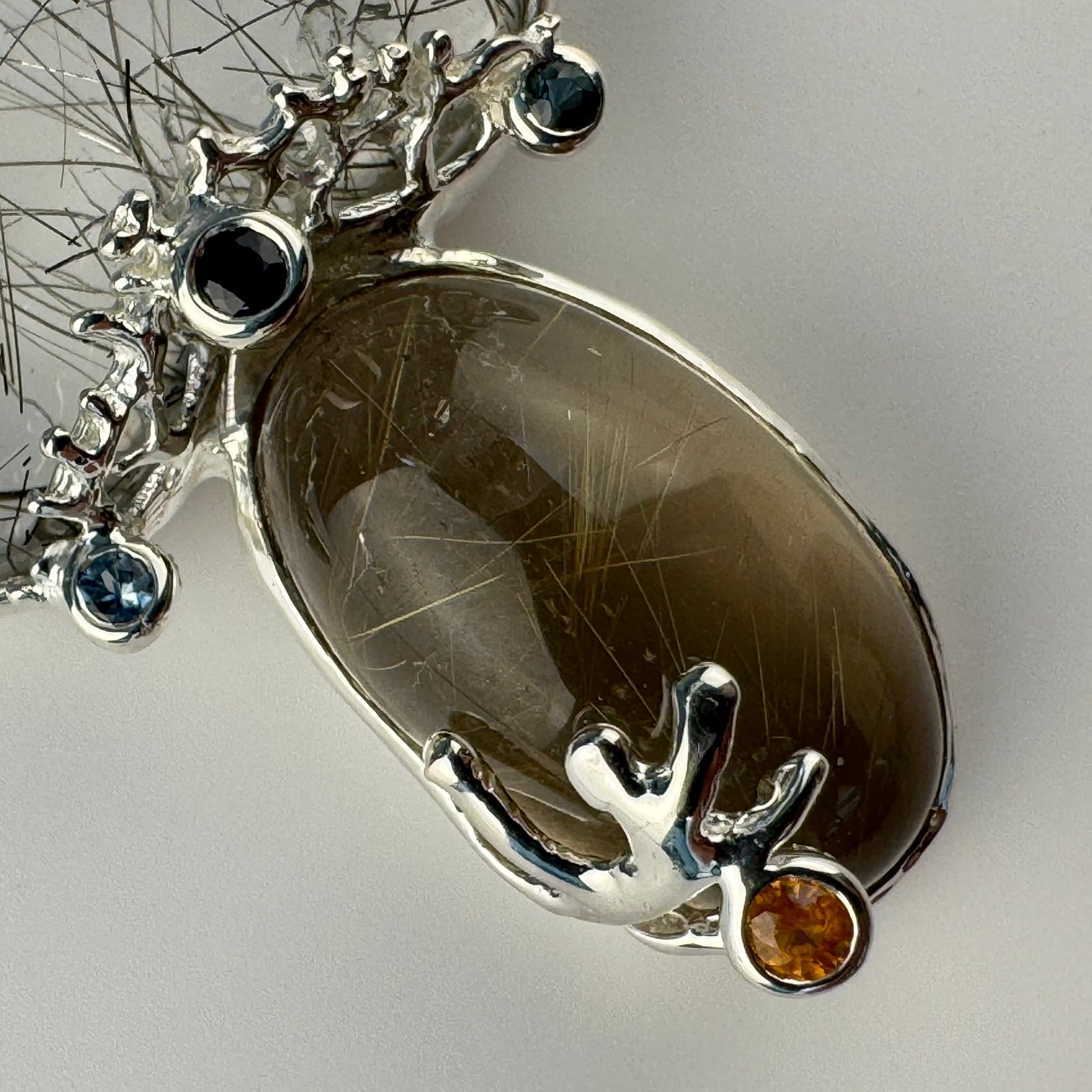 Rutilated Quartz Coral Reef Pendant with Blue & Orange Sapphire,Quartz & Citrine image 2