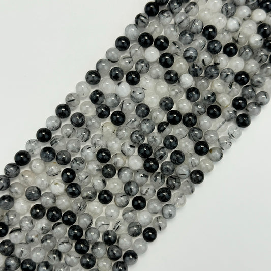 Black Tourmalinated Quartz Polished Round Beads image 0