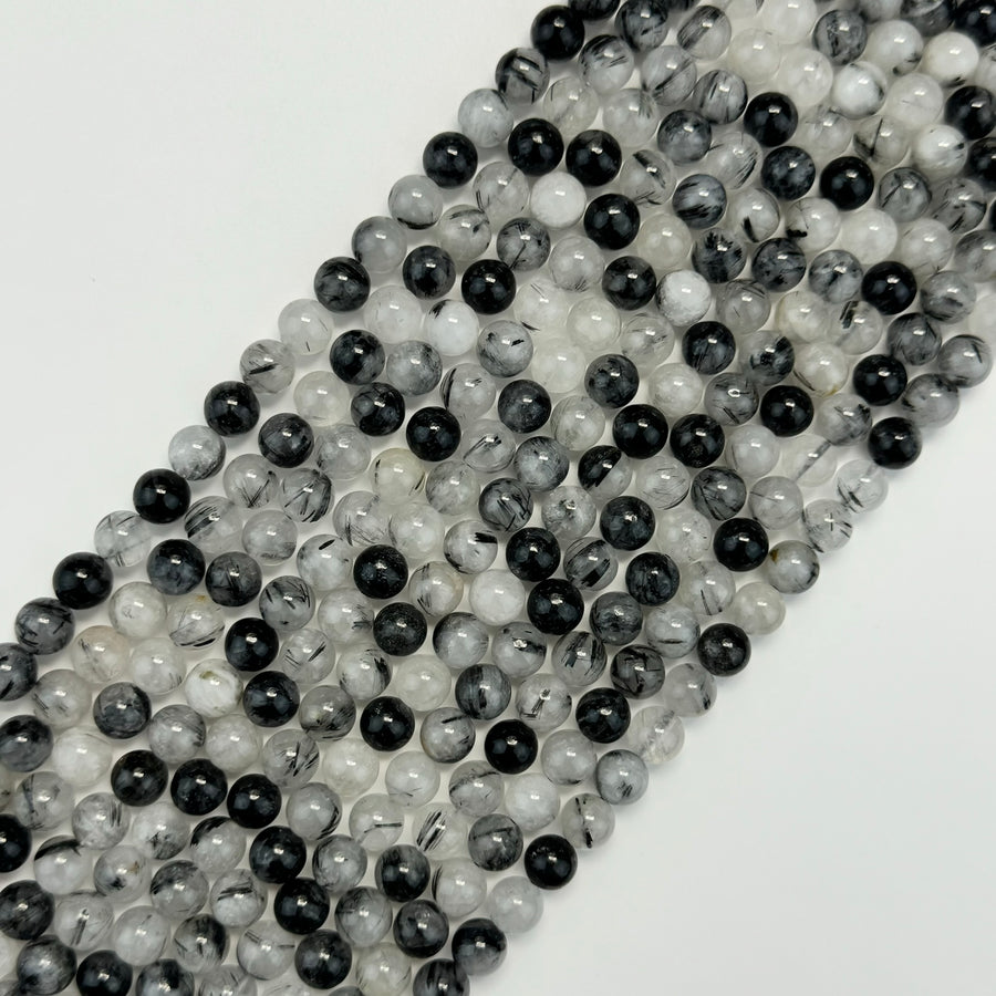 Black Tourmalinated Quartz Polished Round Beads image 0