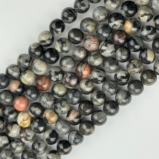 Jasper Black Silver Leaf Round Beads  (AA Quality)