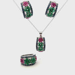 Ruby, Emerald & Sapphire Jewelry Set – Handmade Natural Ruby, Emerald & Sapphire Earrings, Pendant & Ring in 925 Sterling Silver, Rhodium Plated (Each Piece Also Sold Separately)
