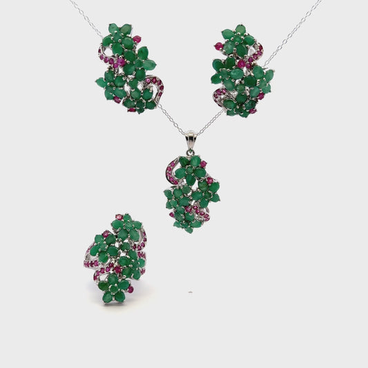 Ruby & Emerald Jewelry Set – Handmade Natural Ruby & Emerald Earrings, Pendant & Ring in 925 Sterling Silver, Rhodium Plated (Each Piece Also Sold Separately)