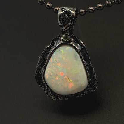 Solid Australian Opal & Sapphire Pendant – Black Rhodium-Plated 925 Sterling Silver, AAA Quality