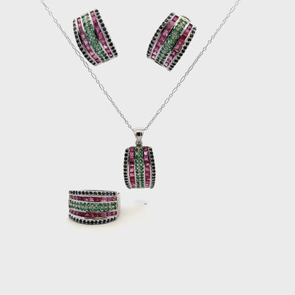 Jewelry Set: Ruby, Sapphire & Emerald (Earrings, Pendant, & Ring)