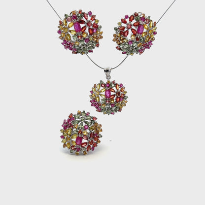 Ruby & Sapphire Jewelry Set – Handmade Natural Ruby & Sapphire Earrings, Pendant & Ring in 925 Sterling Silver, Rhodium Plated (Each Piece Also Sold Separately)
