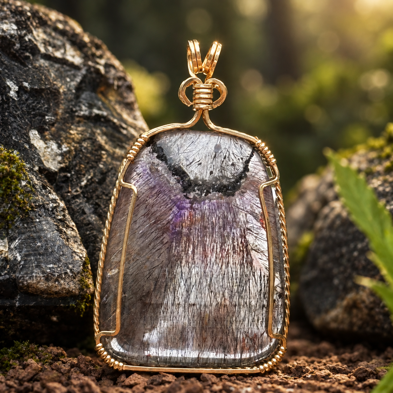 Gold wire-wrapped gemstone pendant